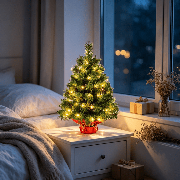Mayhihi 2 ft Pre-Lit Tabletop Christmas Tree, Battery Powered Artificial Green Xmas Tree for Home, Office