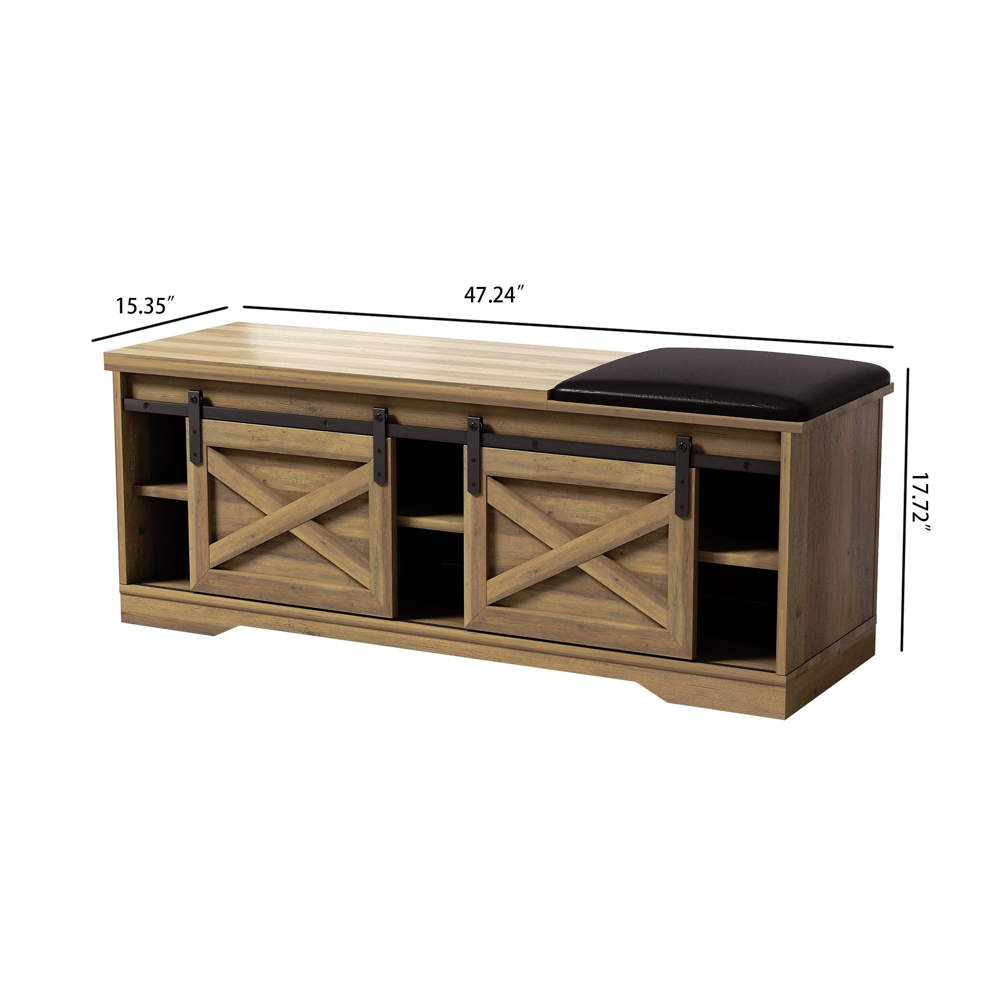 Kadyn 47 Inch Modern Farmhouse Sliding X Barn Door Litterbox Bench with Entry Cutout, Light Brown Shoe Bench Kadyn 47 Inch Modern Farmhouse Sliding X Barn Door Litterbox Bench with Entry Cutout, Light Brown Shoe Bench