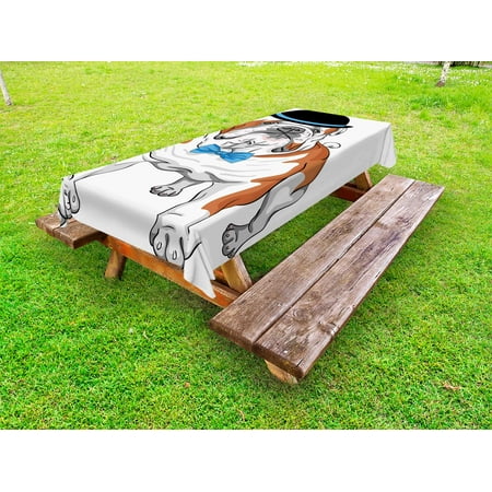 

English Bulldog Outdoor Tablecloth Pure Breed Hipster Dog with Vintage Hat and Bow Tie Sketch Animal Decorative Washable Fabric Picnic Table Cloth 58 X 84 Inches Brown Black Blue by Ambesonne