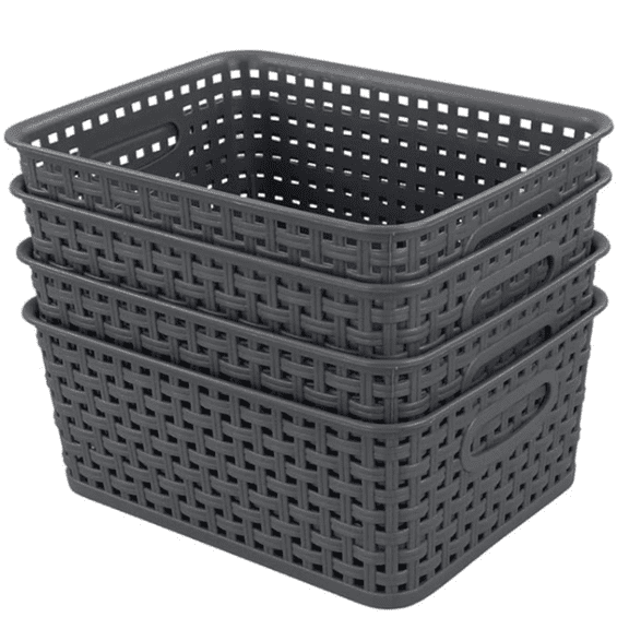 4-Pack Gray Plastic Small Storage Baskets, 10" x 7.7" x 4"