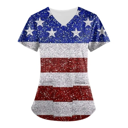 

Sksloeg Women Scrub American Flag Star Print Patriotic Top Short Sleeve V-Neck Shirts Tee Tops with Pockets Nursing Working Uniform Light Blue XXXL