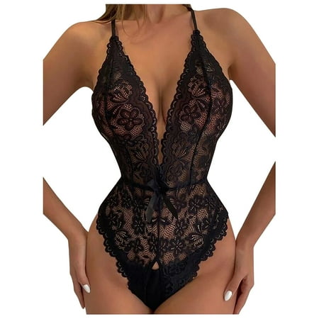 

Lingerie for Women Plunging Lace Floral Cut-out Teddy Mini Bodysuit Scallop Trim Perspective Babydoll Sleepwear