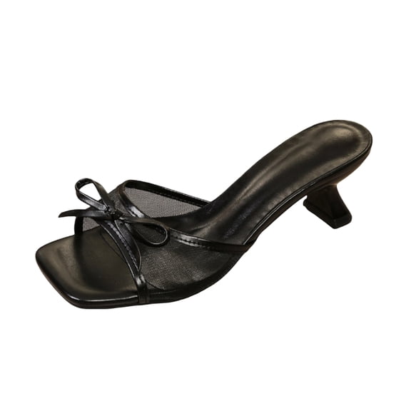 CIENVNSTG Womens Heeled Sandals Square Toe Mesh Bow Thin Heel Slide Mules Comfortable Dress Shoes for Party Wedding Black 36