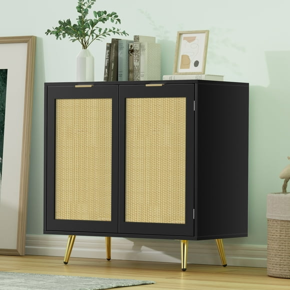 Eumyviv 31.5" Height Accent Cabinet with 2 Rattan Doors, Mid-Century Storage Sideboard and Buffet Cupboard, Black Kitchen Furniture, H0060