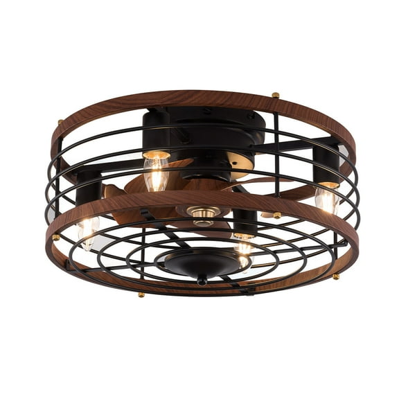Miumaeov 18" Walnut Wood Textured Black Finish E26 Bulb Flush Mount Indoor Caged Ceiling Fan