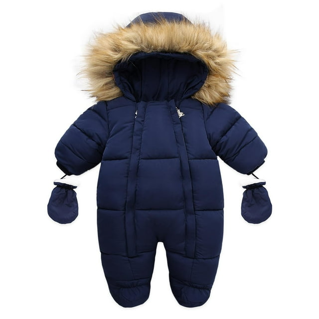 Baby Boys Hooded Romper Winter Clothing Set Snowsuit with Gloves and Booties Jumpsuit Outfits in a navy blue colour. The snowsuit features a padded design with a faux fur-lined hood, long sleeves, and matching detachable gloves and booties. Made from soft cotton material, it is designed for warmth and comfort, suitable for babies aged 6-24 months. Ideal for winter outings or casual wear.