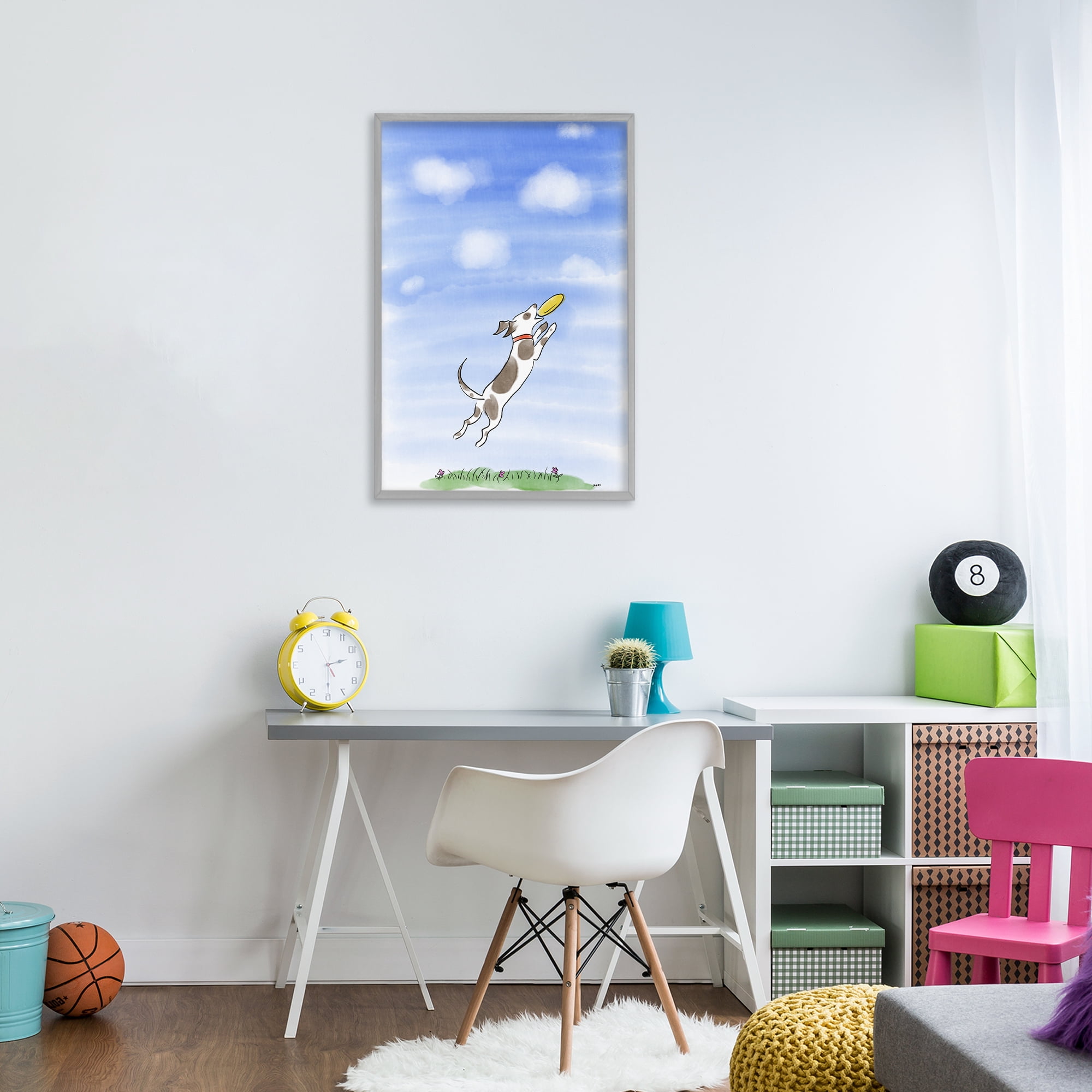 Stupell Industries Dog Catching Frisbee Gray Framed Giclee Art, design by Patti Mann
