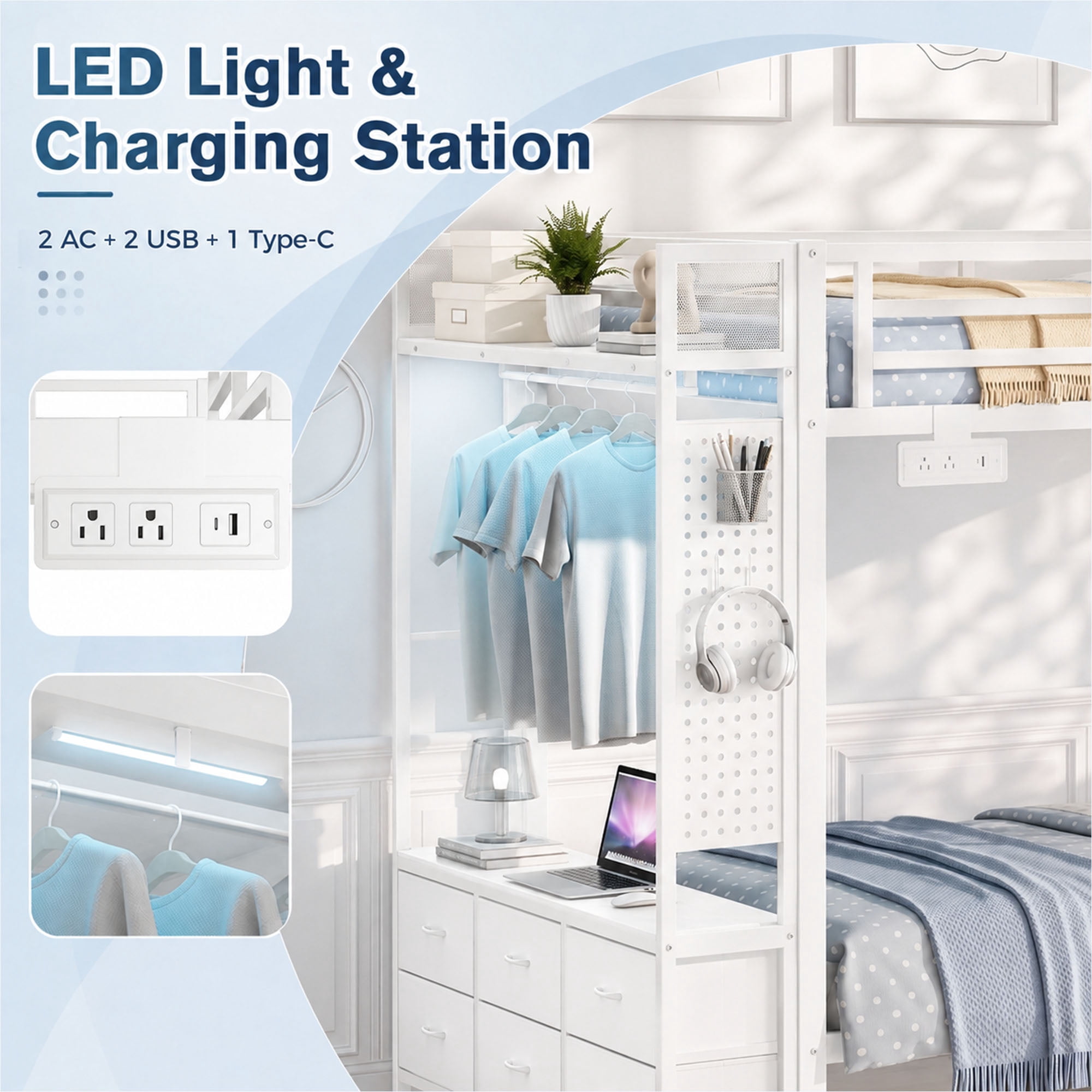 Miniyam Full Over Full Metal Bunk Bed with 6 Storage Drawers, LED Light and Charging Station,White
