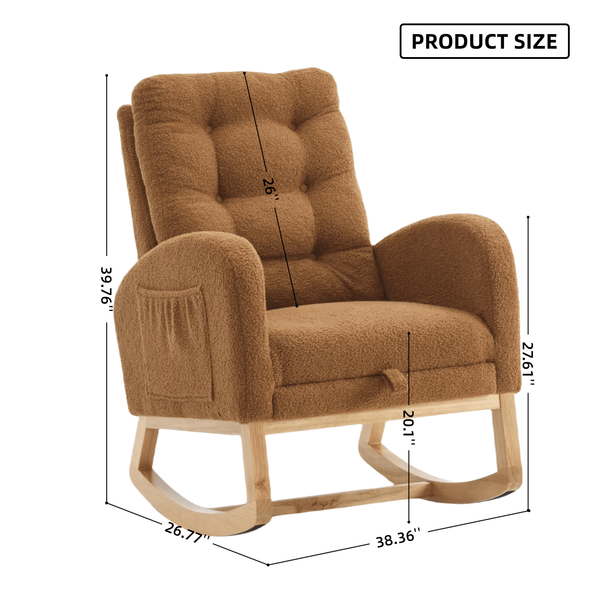 Timbernest Nursery Rocking Chair, Upholstered Arm Chair for Living Room, Comfy Chair with Footrest, Side Pocket and High Backrest, Camel