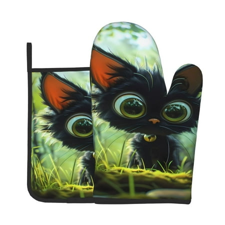 

Tebeau Cute Big-Eyed Black Cat Print Oven Mitts and Pan Racks 2-Piece Set Kitchen Oven Mitts and Pan Racks Heat Resistant 500 °F for Baking and Cooking