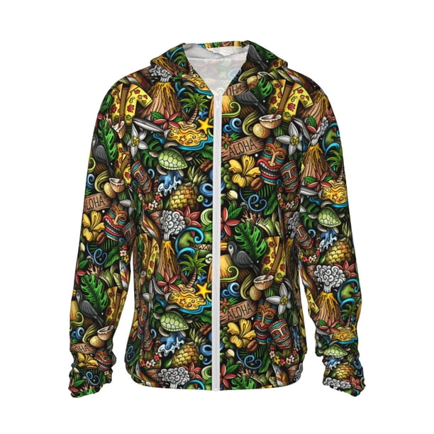 Balery Hawaiian Culture Symbols Sudadera ligera de manga larga con capucha y protección solar UPF 50+ para hombre y mujer, ideal para pesca y running-3X-Large