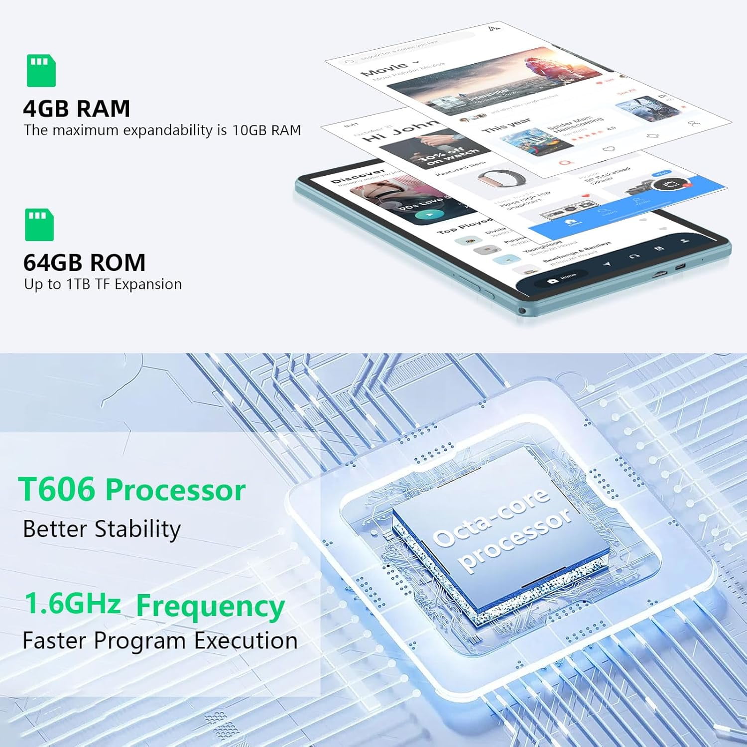 Android 14 Tablet 10.1 inch Tablets, 10GB RAM + 64GB ROM 1TB Expand, Octa-Core Tablet with Case, GPS, 6000mAh, 1280x800 FHD Display, Dual Camera, WiFi, Bluetooth