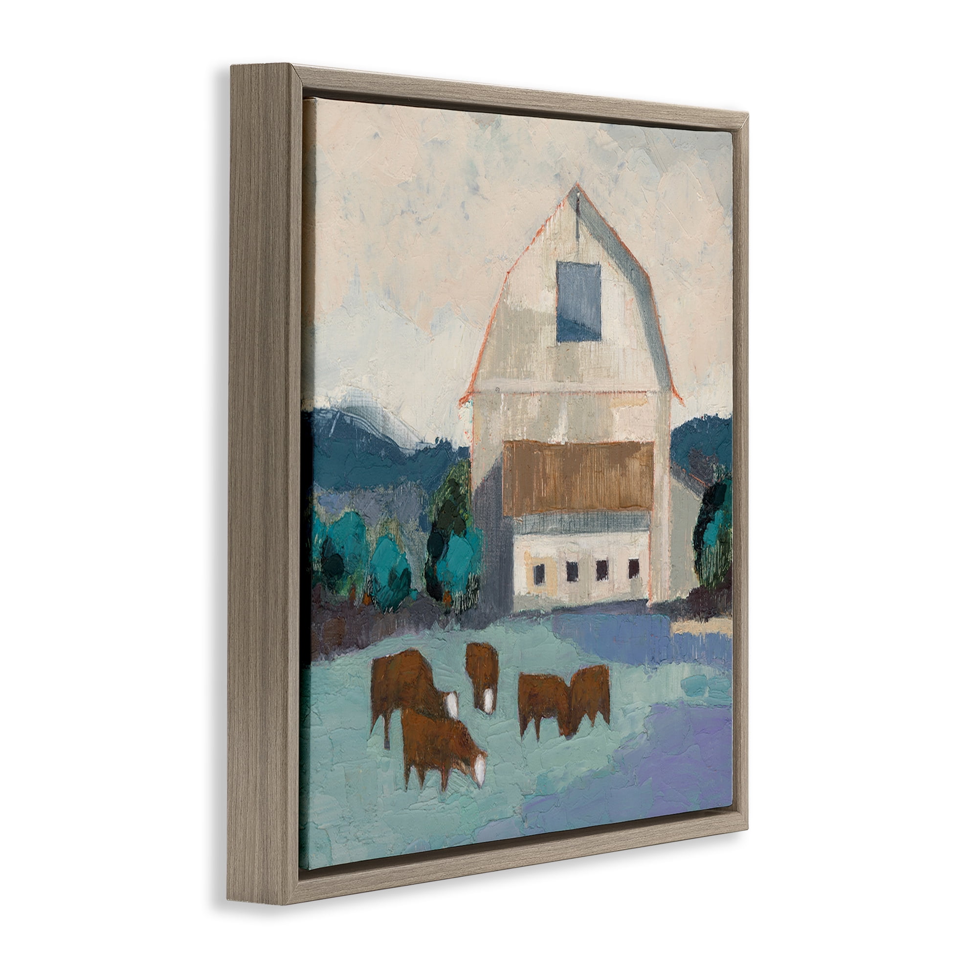 Stupell Industries Barnyard Grazing Cattle Landscape Painting Brown Floater Framed Canvas Art Print Wall Art, 25 x 25