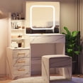 thumbnail image 3 of Gaderth Vanity Desk With Sliding LED Mirror And Power Outlet, Makeup Dressing Table With 4 Drawers, Storage Shelves And Stool, 3 Color Lighting Modes, Bedroom Vanity Set With USB Ports, 3 of 8
