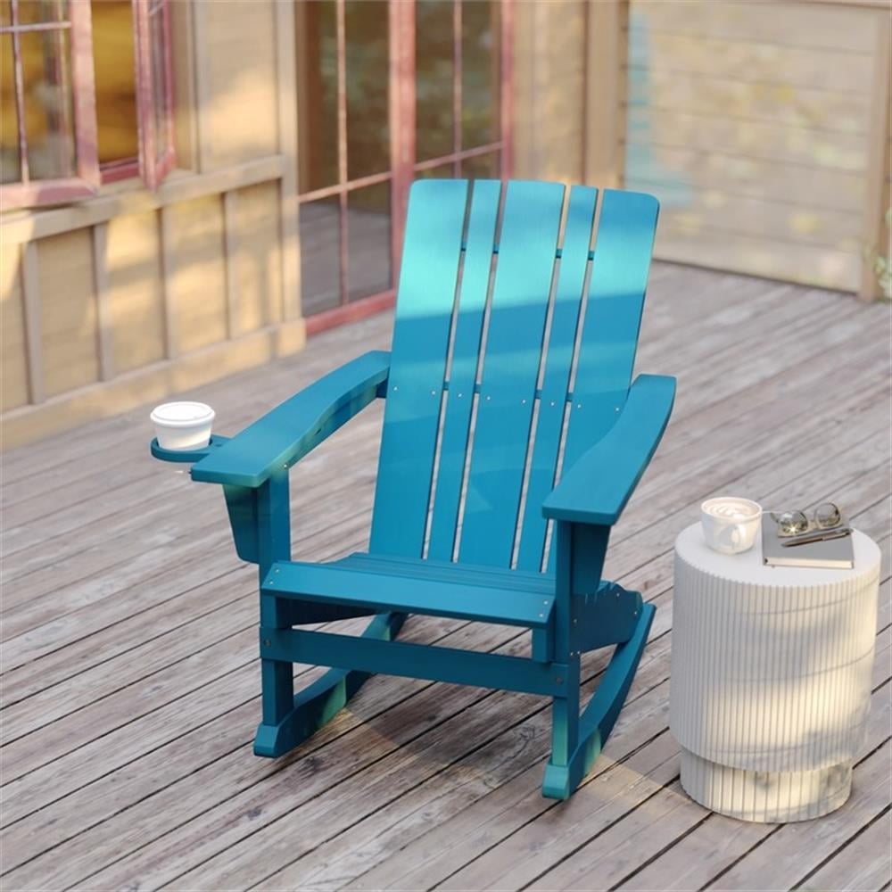 Bowery Hill Plastic Rocking Adirondack Chair with Cupholder in Blue