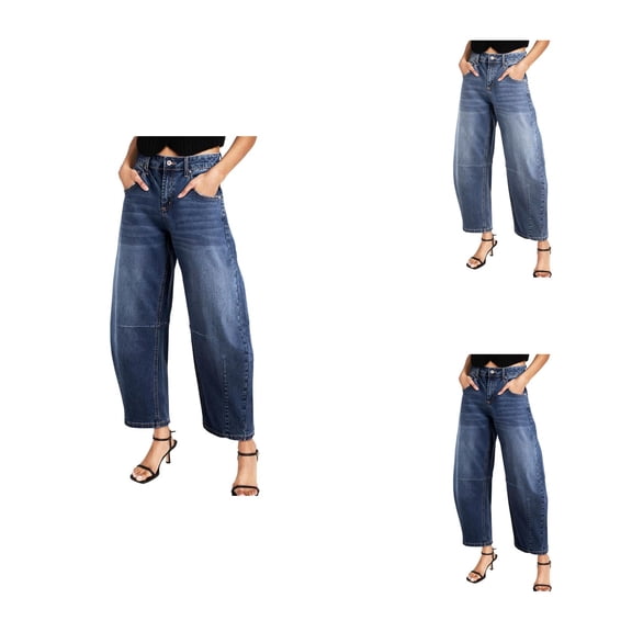 Womens Mid Rise Barrel Jeans Wide Leg Vintage Baggy Boyfriend Denim Pants with Pockets, Cropped Ankle Length