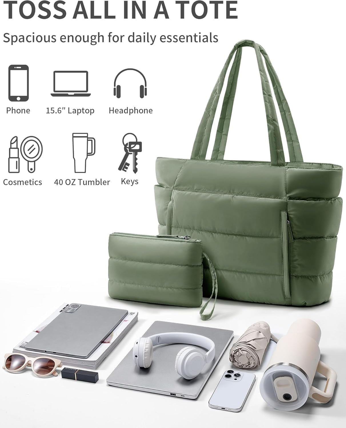 ZUTOYBOLIN Puffer Tote Bag for Women, Lightweight Puffy Work Handbag Teacher Nurse Quilted Shoulder , Daily College Bags, 15.6" Computer Bag, Clinical Nursing Bag, Ideal Gift for Women.Green