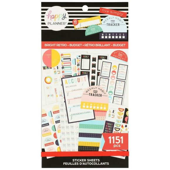 Happy Planner Pack d'Autocollants pour Calendriers, Journaux et Planificateurs, Accessoires de Scrapbooking Multicolores, Autocollants de Budget, Thème Rétro Lumineux, Taille Classique, 30 Feuilles, 1 151 Autocollants au Total