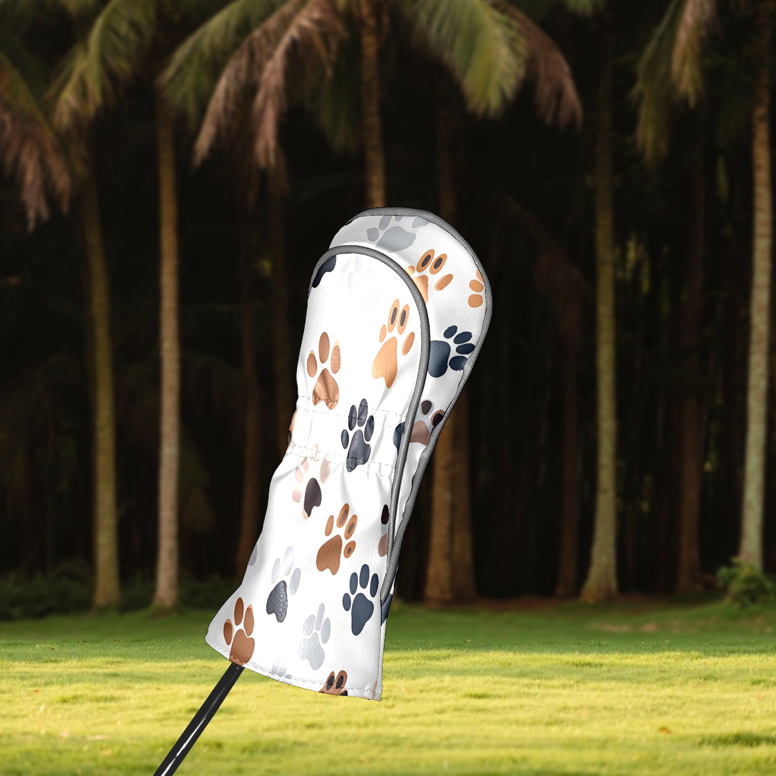 Golf Club Covers, White PawPrint Premium PU Leather Driver Hybrid Putter Head Covers with Velvet Lining, Waterproof Golf Gifts for Men Women