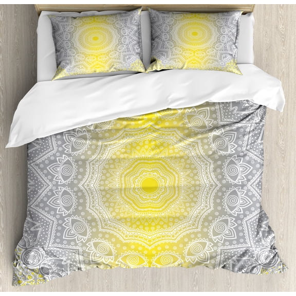 Grey and Yellow Duvet Cover Set, Mandala Ombre Old Boho Pattern with Spiral Round Floral Print, Decorative 3 Piece Bedding Set with 2 Pillow Shams, King Size, Yellow Grey, by Ambesonne
