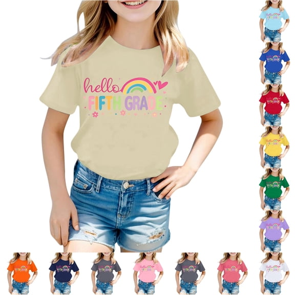 WhouRiu Girls Back To School T Shirts Short Sleeve Crew Neck Cartoon Graphic Tees Kids Comfortable Cute Casual Tshirt,4-5 Years
