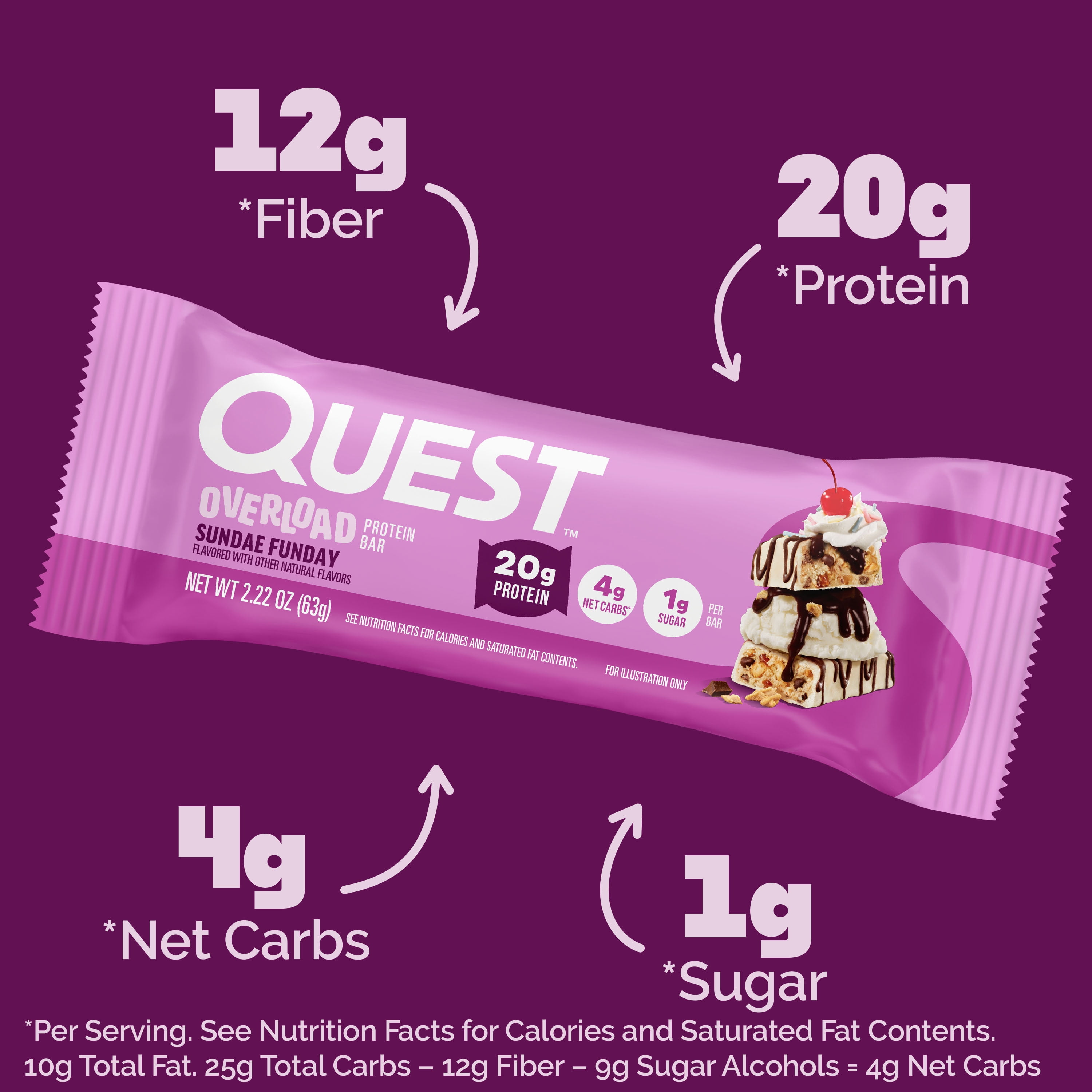 Quest Overload 20g Protein Bar, Sundae Funday Flavor, Protein Bars, Gluten-Free, 4 Count