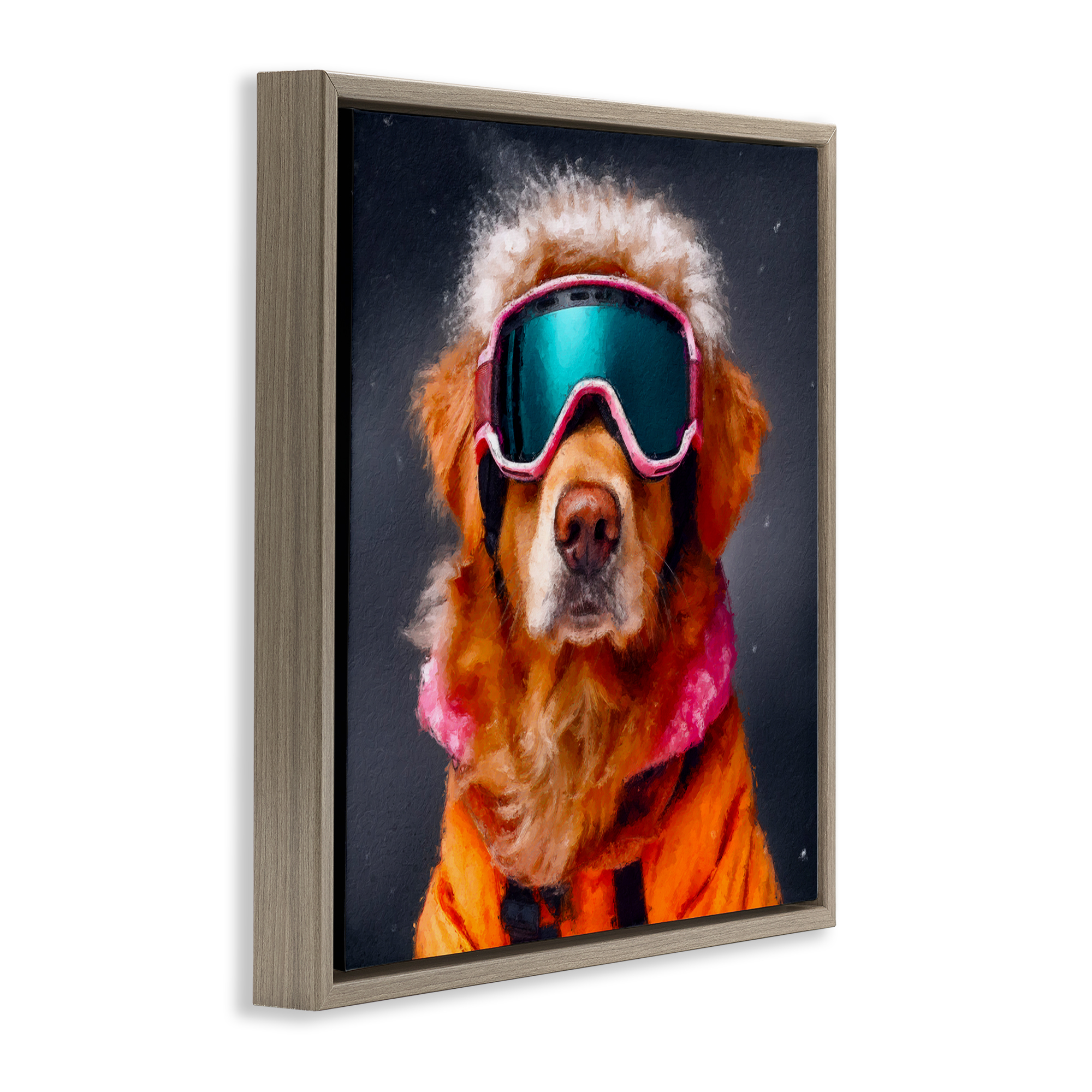Ski Dog with Goggles Brown Framed Floater Canvas Wall Art, design by Sean Parnell