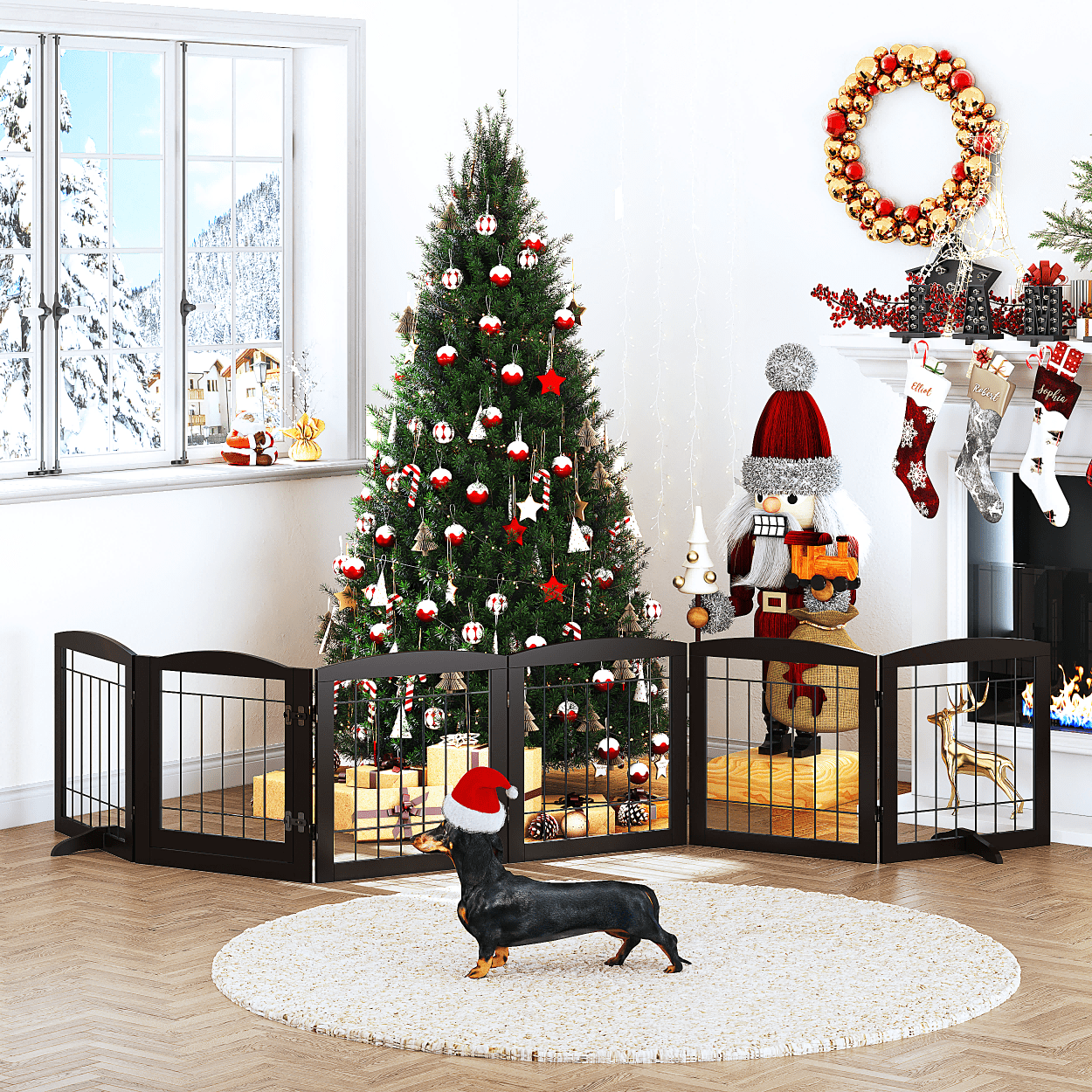 STAROUS Extra Wide Wooden Dog Gate with Convenient Walk-Through Door: Secure Pet Barrier for Home - Suitable for Doorways, Stairs, and Openings, 110" Wide, 6 Panels (Espresso)