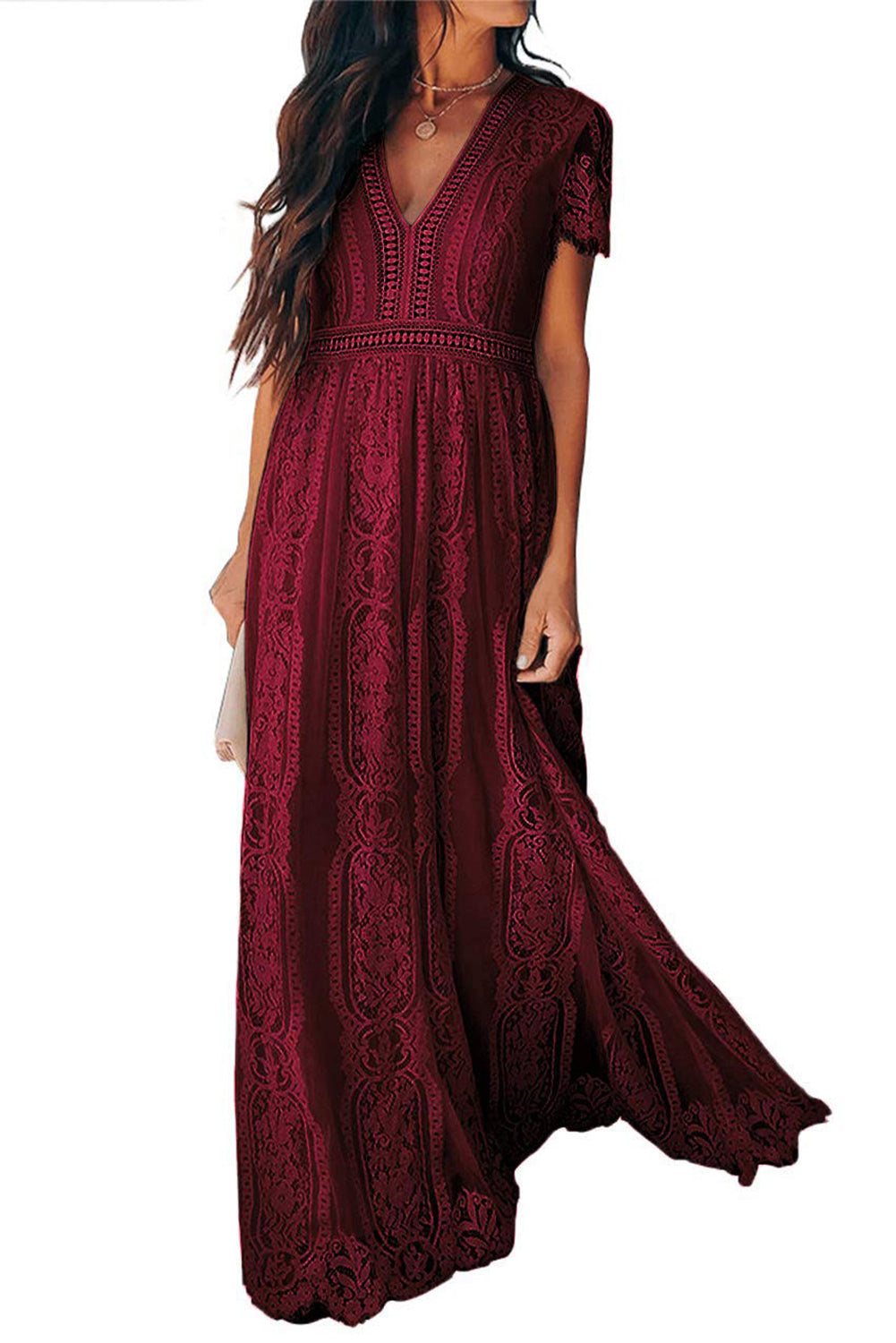 burgundy lace maxi dress with sleeves