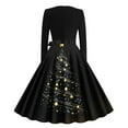 thumbnail image 3 of qucoqpe Christmas Print Dresses for Women Round Neck Long Sleeves Belt Flowy Maxi Dress Loose Holiday Party Flare Gown A-Line Dress, 3 of 3