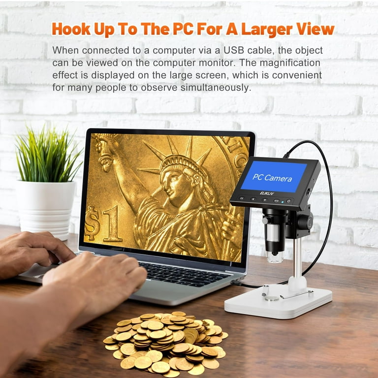 TOMLOV DM4 Coin Microscope 1000X with 4.3 Screen, 720P LCD Microscope with  Metal Stand, 8 Adjustable LED Lights, PC View for Kids Adults, Windows
