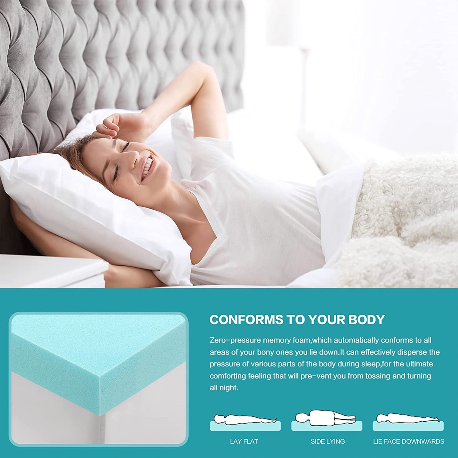 INGALIK 3 inch Gel Infused Memory Foam Mattress Topper, Queen, Cooling Bed Topper for Pressure Relief, CertiPUR-US Certified, White Removable Cover