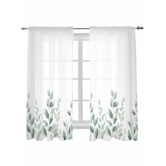 Sage Green Botanical Curtains 63 Inch Length, Sheer Curtains for Bedroom Living Room Window Pastoral Leaf Watercolor Rod Pocket Voile Drapes Kitchen Curtains Small Half Window 42"x63" 2 Panels