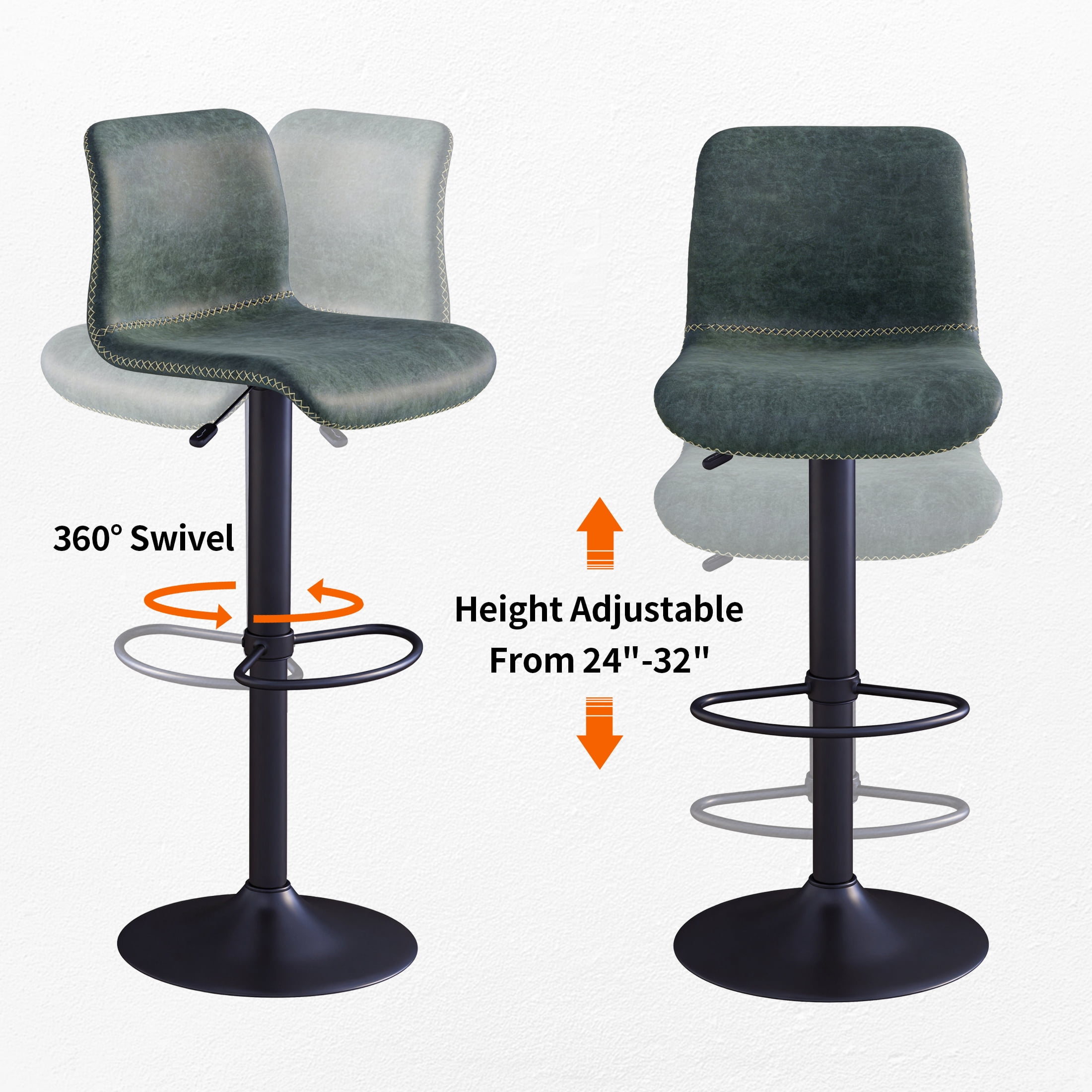 FIRAVOE Bar Stools Set of 6, Swivel Bar Height Bar Stools with Ergonomic Back, Adjustable Barstools 24" to 32", Faux Leather Bar Chairs for Kitchen Island, Green