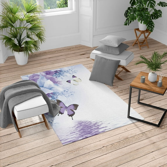 Floral Turkish Area Rug, Nature Theme Wild Flowers Monarch Flying Butterflies Lily on Lake Therapy Spa, Soft Carpet for Living Room Decor with Distressed Look, 4' X 5.7', Pale Lilac, by Ambesonne
