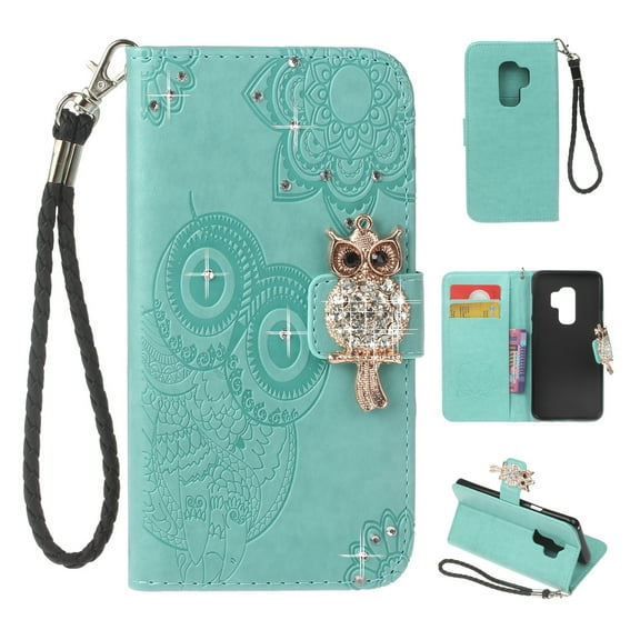Galaxy S9 Case, Allytech Premium Leather Glitter Owl Kickstand Folio Hand Strap Women Girls Magnetic Closure Shockproof Cards Holder Wallet Case Cover for Samsung Galaxy S9, Green