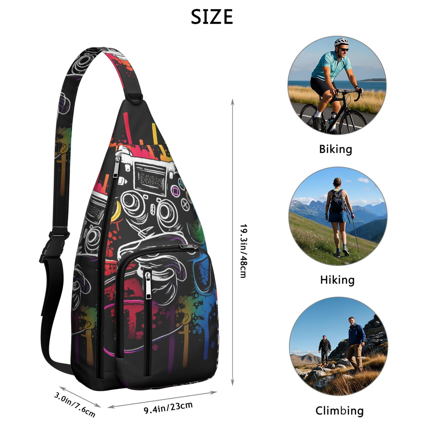 Gaming Controller Print Sling Bag&nbsp;- Cool Retro Joystick Pattern Crossbody Backpack for Gamers, Water-Resistant Shoulder Pack (Colorful Graffiti Design, Lightweight & Durable)