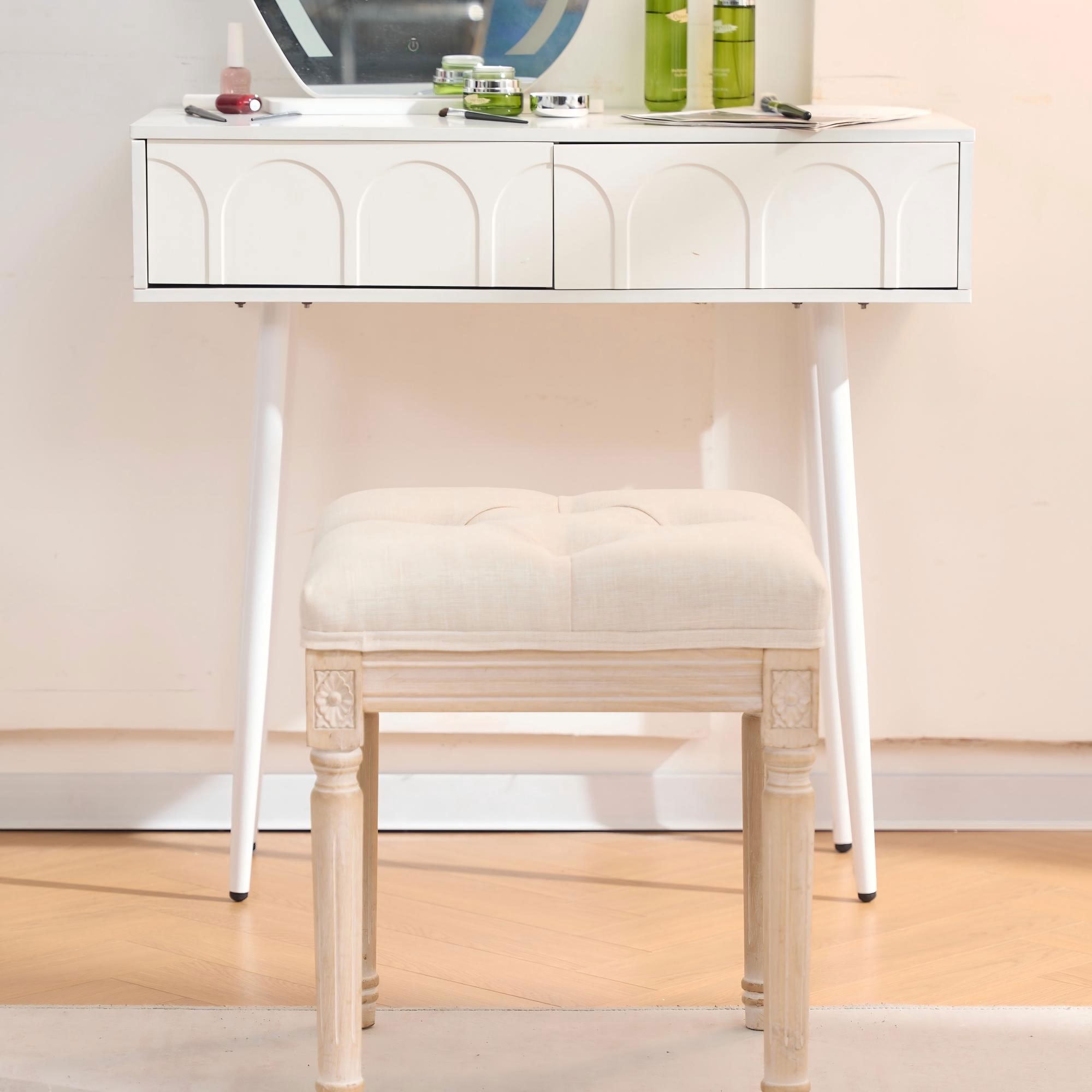MAYEERTY Tufted Linen Vanity Stool, Square Upholstered End of Bed Bench Entryway Foot Stool for Bedroom Bathroom