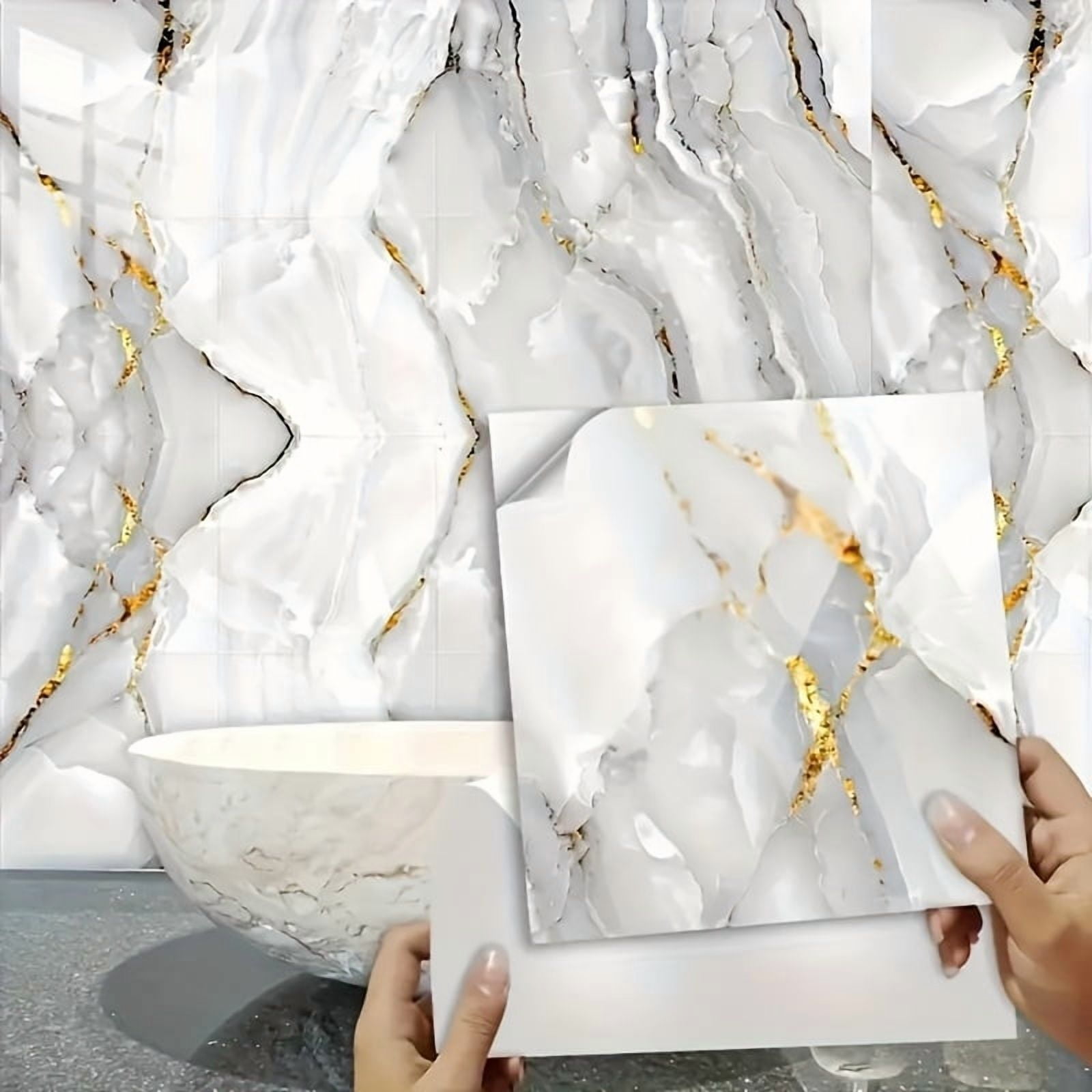 50 Pcs Self-Adhesive Marble Tile Sheets-Waterproof Oil-Proof Peel And Stick Backsplash, Wall Tiles For Kitchen Bathroom Living Room, Moisture-Resistant Peel And Stick Wall Panels