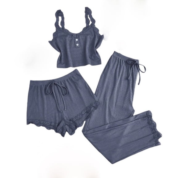 MGDXOX Women's 3 Piece Ruffle Strap Button Front Cami Top & Shorts & Pants Pajama Set Ribbed Lace Trim Loungewear Sleepwear Gray L4