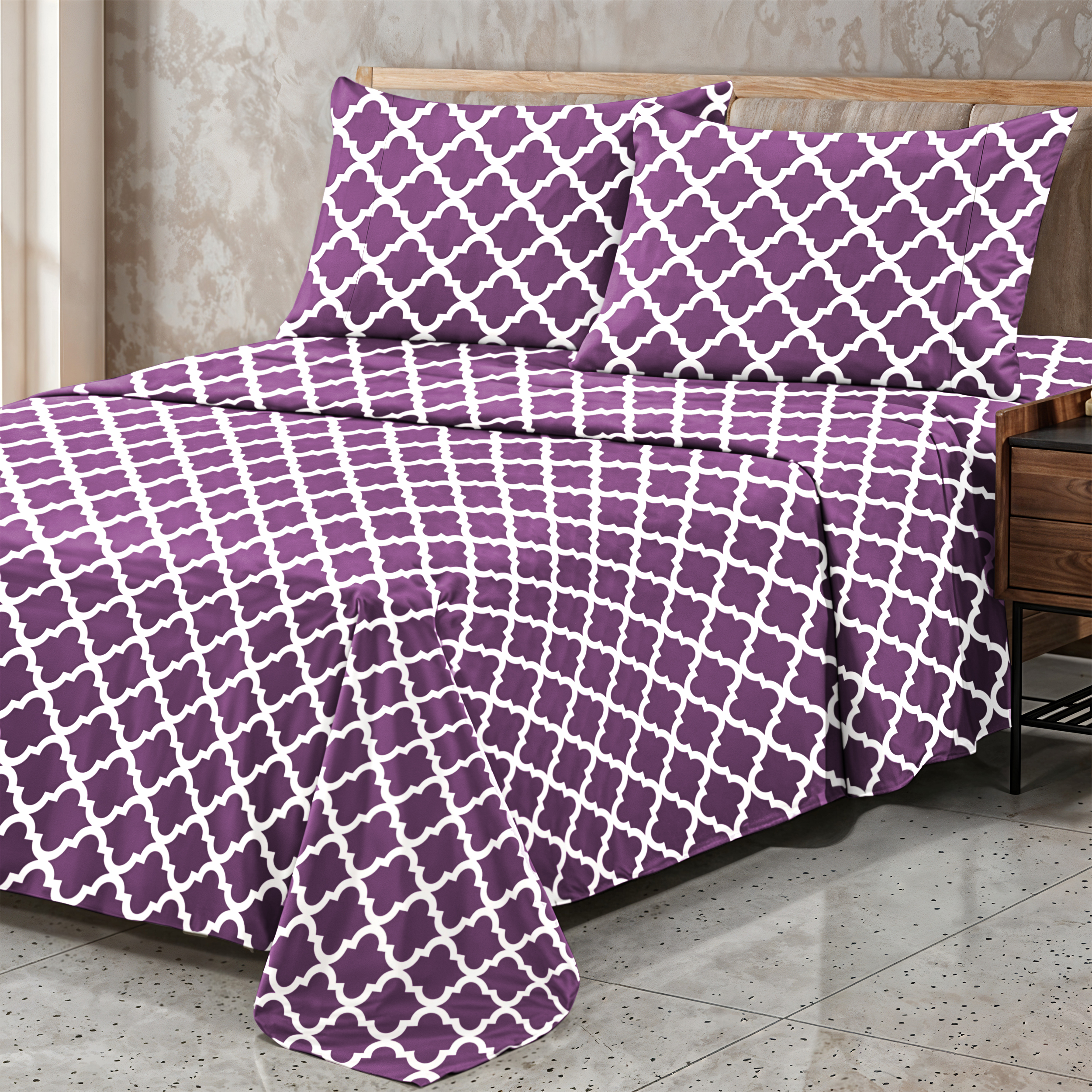 Lux Decor Queen Sheet Set 4-Piece, Purple Quatrefoil