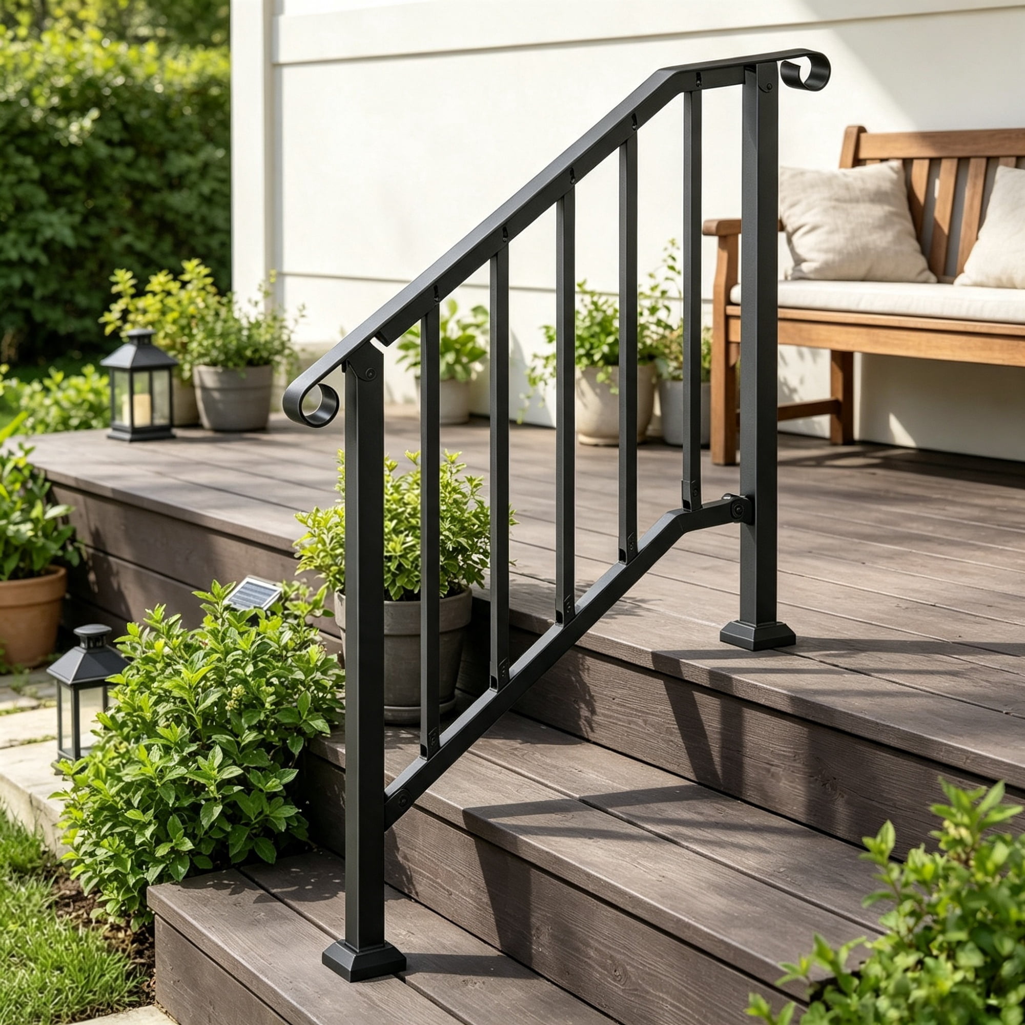2-3 Step Outdoor Stair Handrail Kit, Black Retro Arch Carbon Steel Railing with Installation Kit