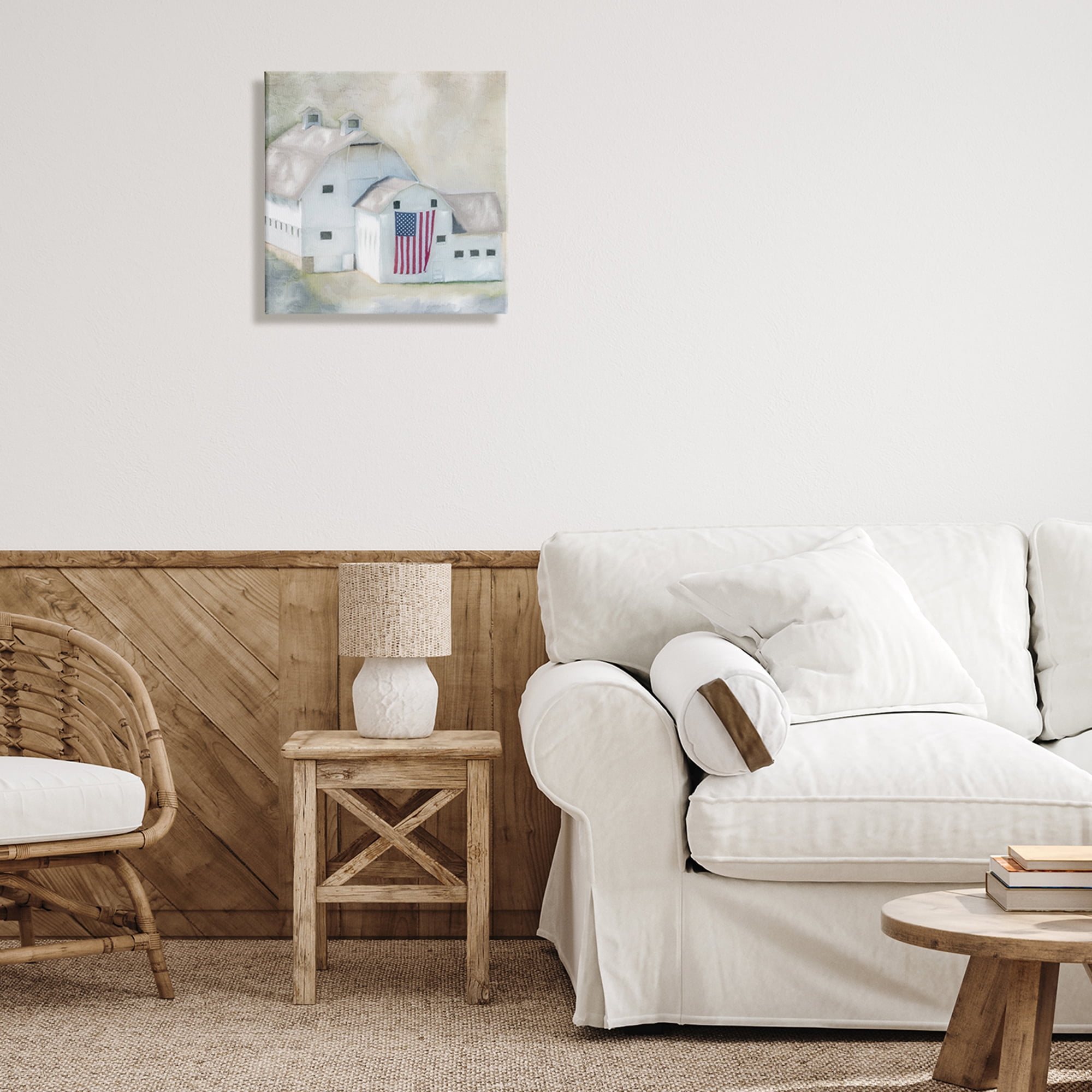 Stupell Industries American Flag White Farmhouse Barn Rural Countryside Modern Painting Gallery-Wrapped Canvas Print Wall Art, 17 x 17, Design by Kim Allen