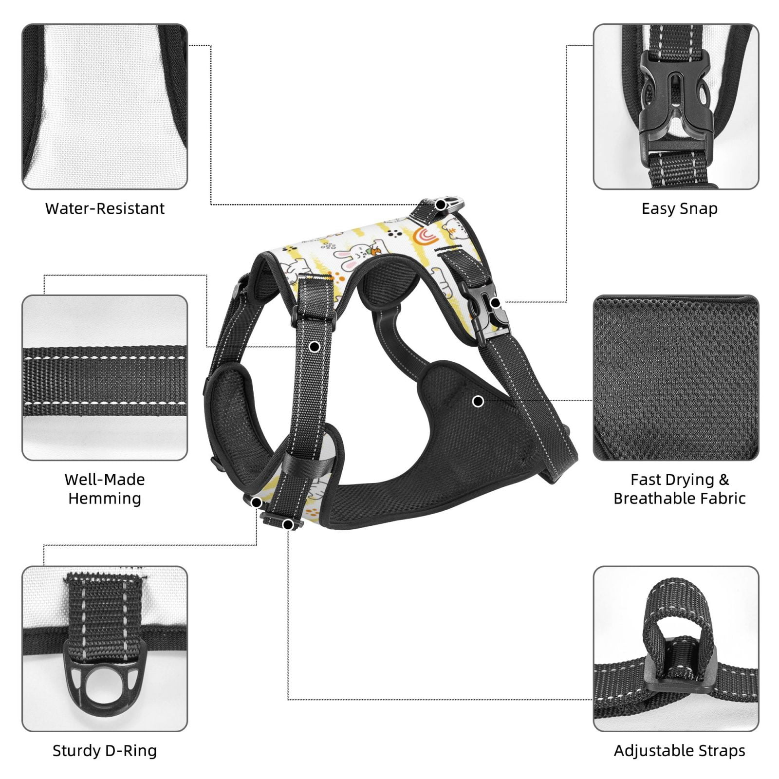 Vsdgher Rabbit And Milk Tea Pattern Dog Harness,No Pull Pet Harness with Soft Padded Handle,Adjustable Reflective Vest with 2 Buckles,4 Slide Buckles,S-XL Medium