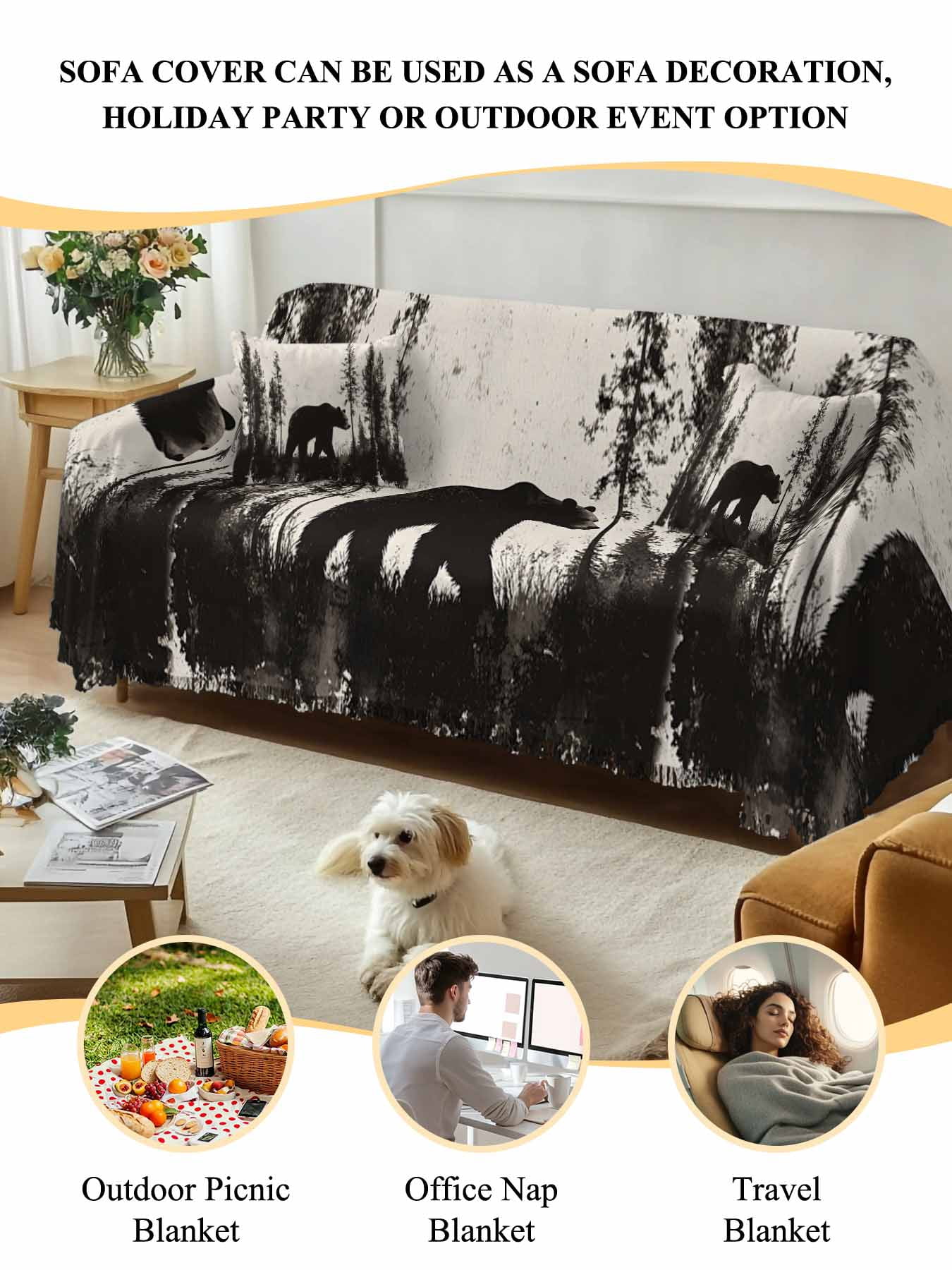 Black Bear Couch Cover, Vintage Forest Cabin Animals Silhouette Oversized Sofa Cover Blanket for 3 Cushion Couch, Sectional Sofa Slipcover Furniture Protector for Living Room Bedroom 71''x150''