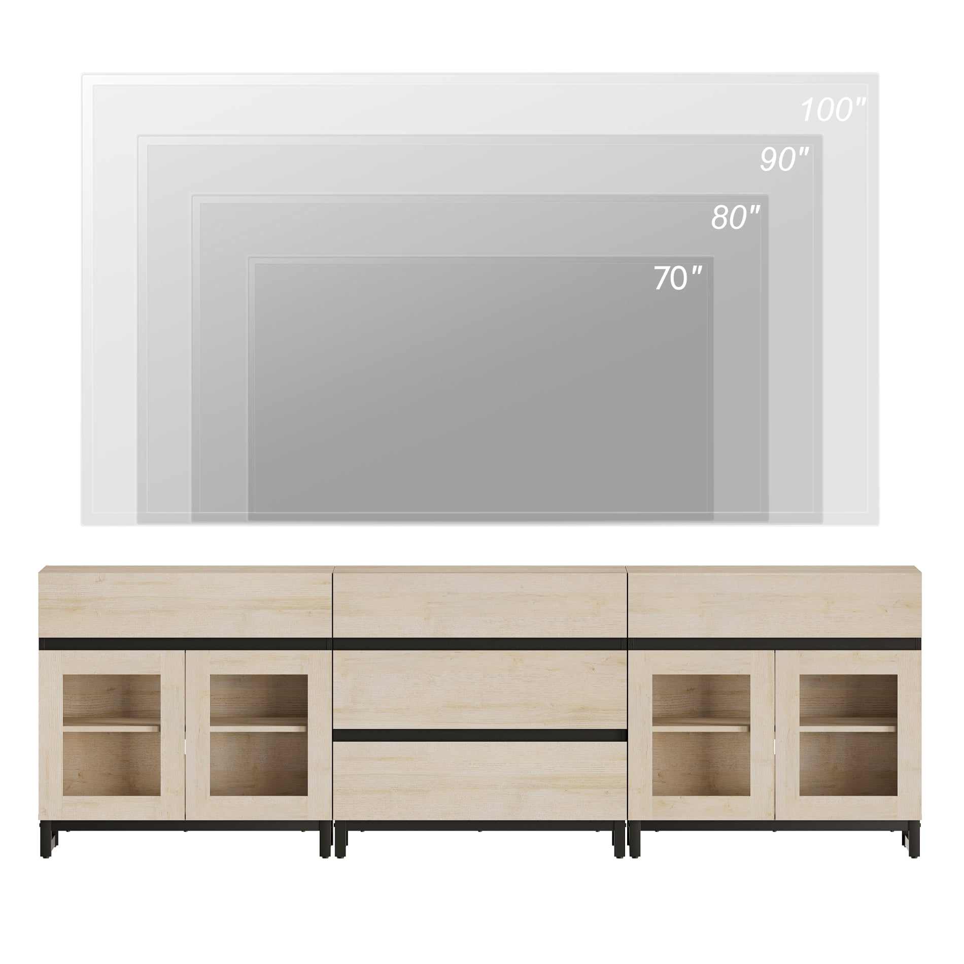 3 In 1 TV Stand For Tvs Up To 100 Inch, Modern TV Console With Glass Doors And 5 Drawers, Media Console With Adjustable Shelf For Living Room, Bedroom,Beige