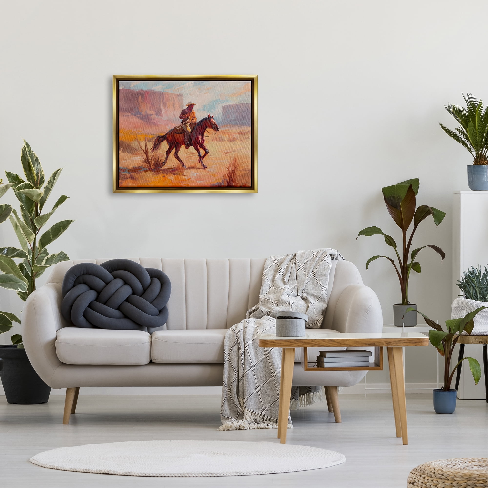 Stupell Industries Cowboy Riding Desert Landscape Animals & Insects Painting Gold Floater Framed Art Print Wall Art