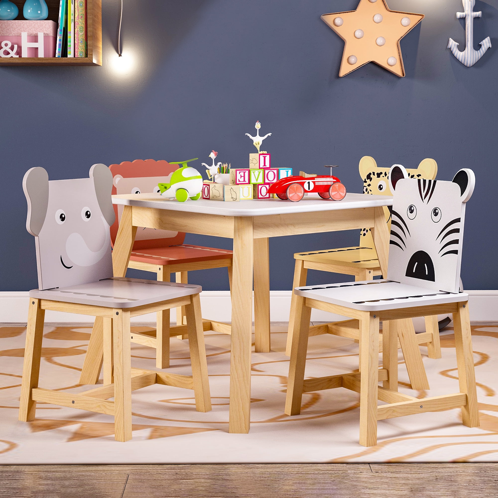 SYNGAR Wood Table and Cartoon Animals Chairs Set, 5 Pieces Home Furniture for Kids Toddlers, Activity Table and 4 Multicolor Chairs Set, for Arts/Crafts/Drawing/Writing/Reading, D5426