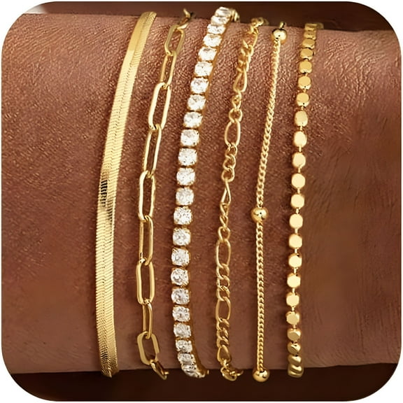 DESIGNICE Waterproof Gold Bracelets Set for Women Trendy,Dainty 14K Real Gold Plated Jewelry Fashion Stackable Tennis Beaded Figaro Herringbone Paperclip Link Bracelet Pack Stack Gifts for Women 6Pcs