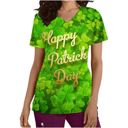 

ZQGJB St. Patrick s Day Short Sleeve Casual V Neck Scrub Top for Women Cute Green Clover Printed Working Uniform Tops with Pockets(Army Green#01 M)
